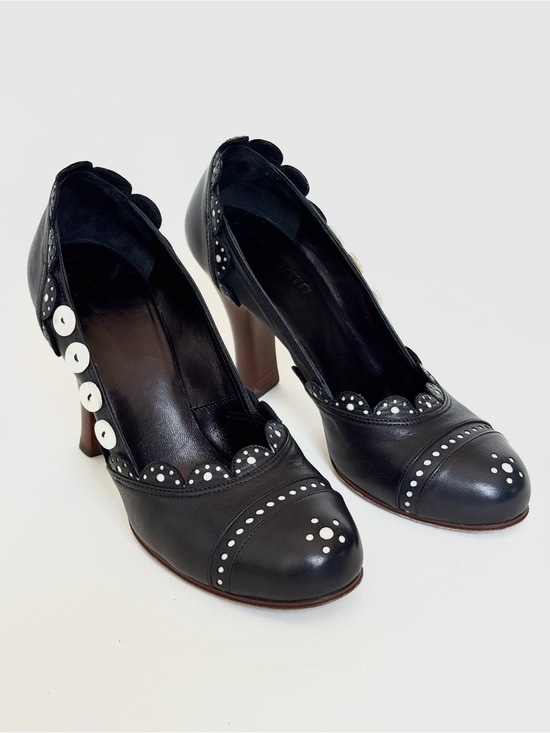 John Galliano Shoes - Vintage John Galliano Black Leather Scalloped Heels with Button Accents - Italy